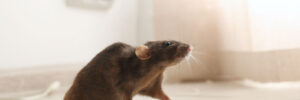 Brown rat on floor indoors.